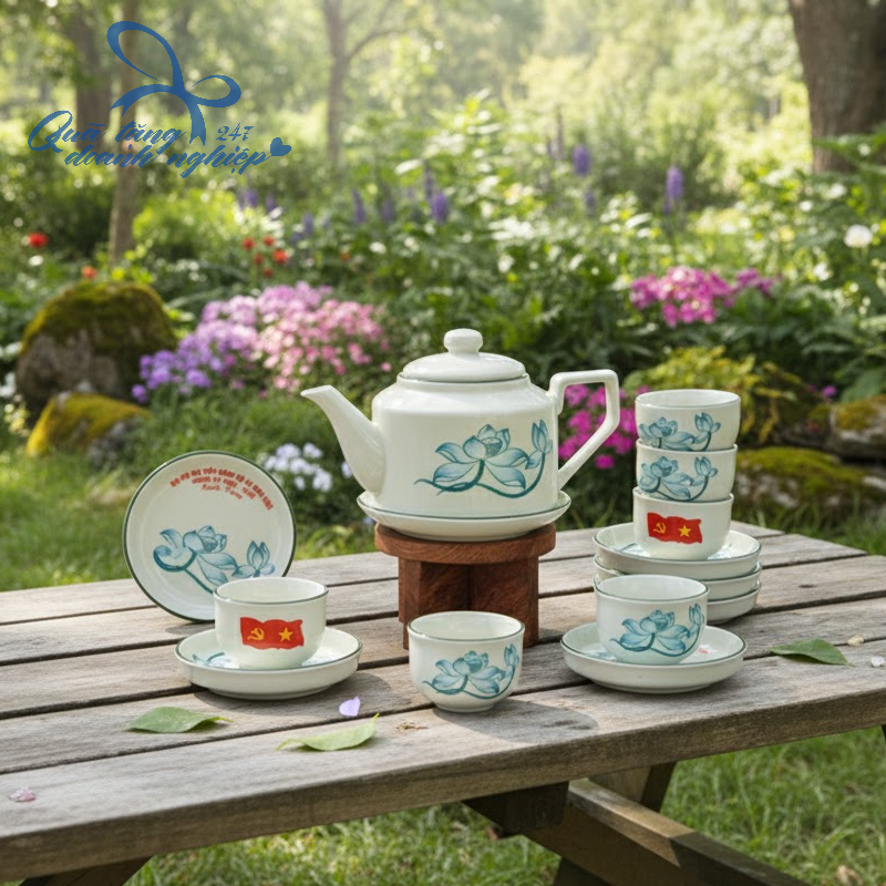 Bộ Ấm Trà In Logo Đại Hội - Thiết Kế Hoa Sen