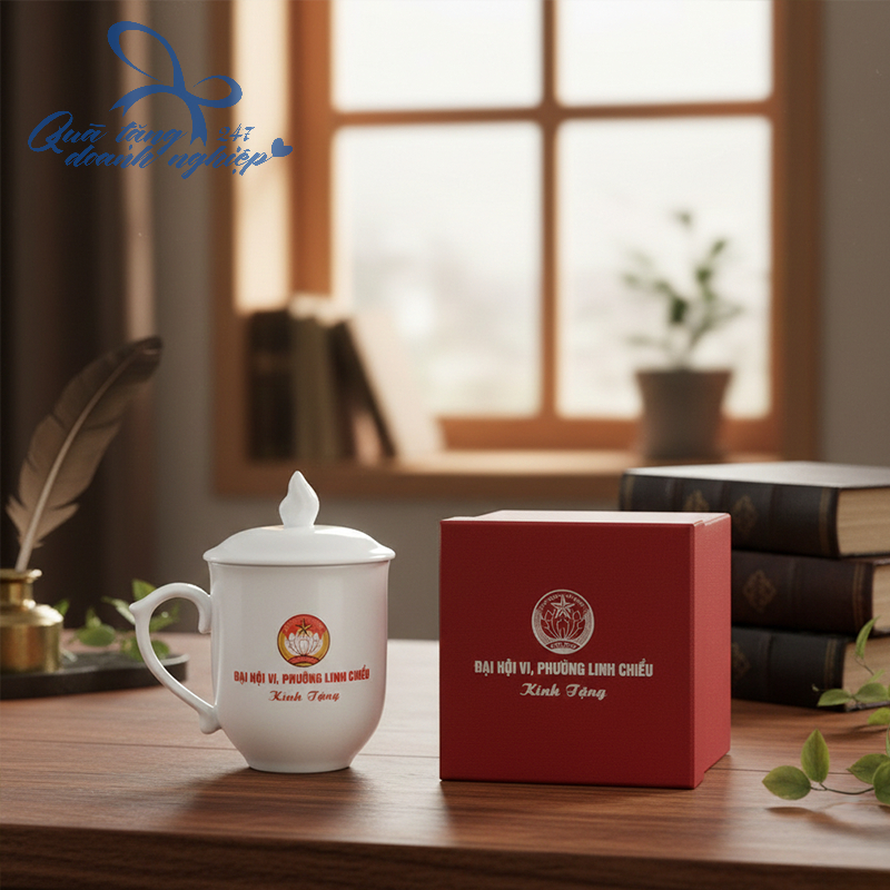 Hộp Ly Sứ Quà Tặng Đại Hội, Dáng Ngọn Lửa, Có Nắp