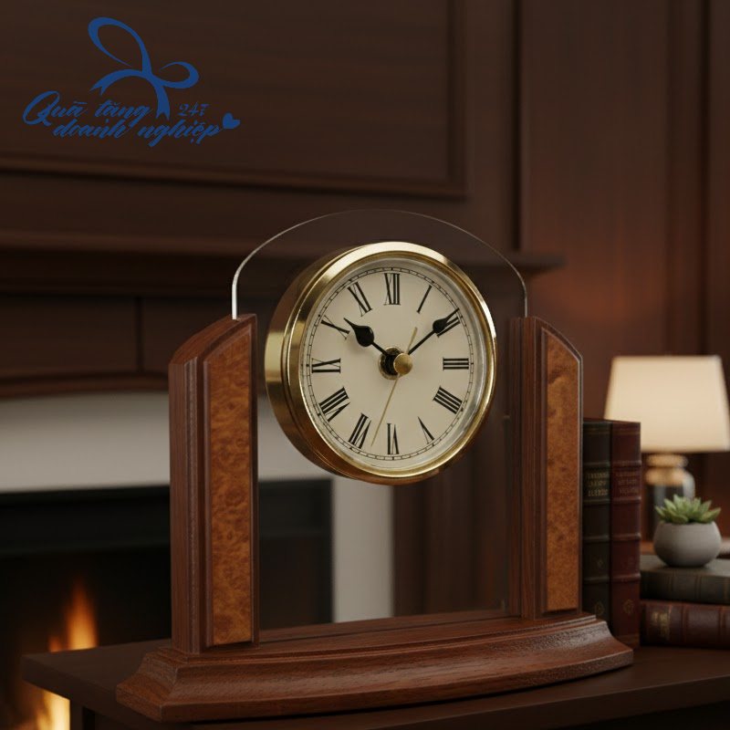 Đồng Hồ Số La Mã Để Bàn, Trụ Gỗ, In Logo - Quà Tặng Cao Cấp