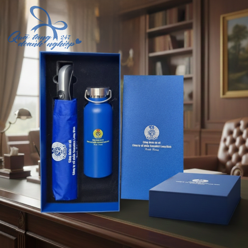 Bộ Quà Tặng: Bình Giữ Nhiệt Kèm Ô - Dù Cao Cấp (Có hộp quà)