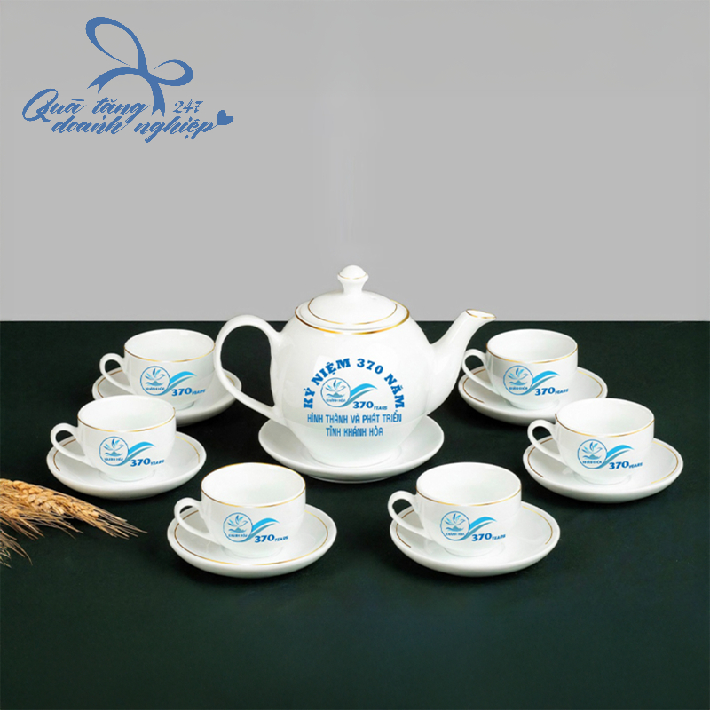 Bộ Ấm Trà Sứ Trắng In Thương Hiệu Theo Yêu Cầu