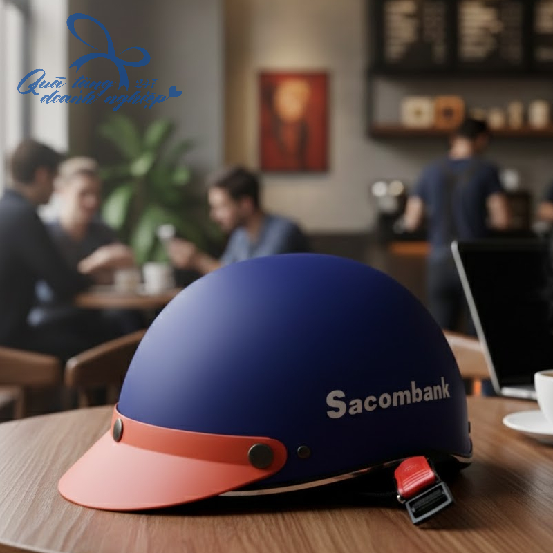 Mũ/ Nón Bảo Hiểm 1/2 In Logo – Mẫu 06 , màu xanh lam + cam
