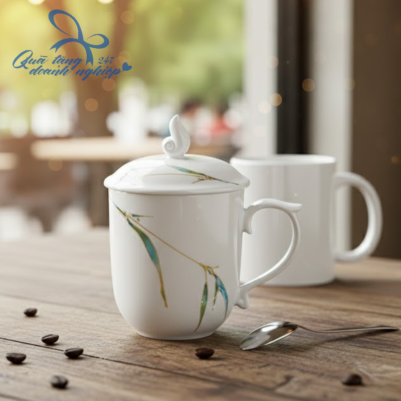 Cốc Sứ Có Nắp Đậy + Hoạ Tiết Vân Lá - In Logo Thương Hiệu